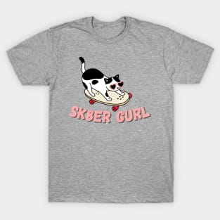 Black and White Cat on a Skateboard - Silly Sk8r Gurl Design T-Shirt